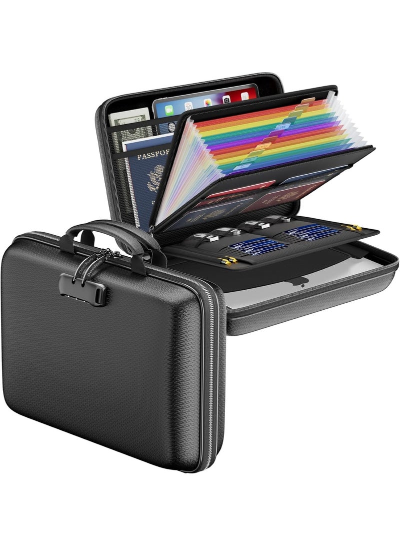 NANAO Fireproof File Organizer with Lock, Hard-Shell Case Fireproof Document Box with 13 Pocket Accordion File Folder, Portable Home Office Travel Safe Storage for Important Documents Laptop - Image 1